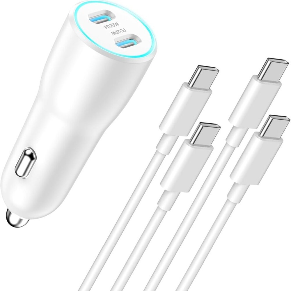 Dual USB-C Car Charger with 2 Type C Cables